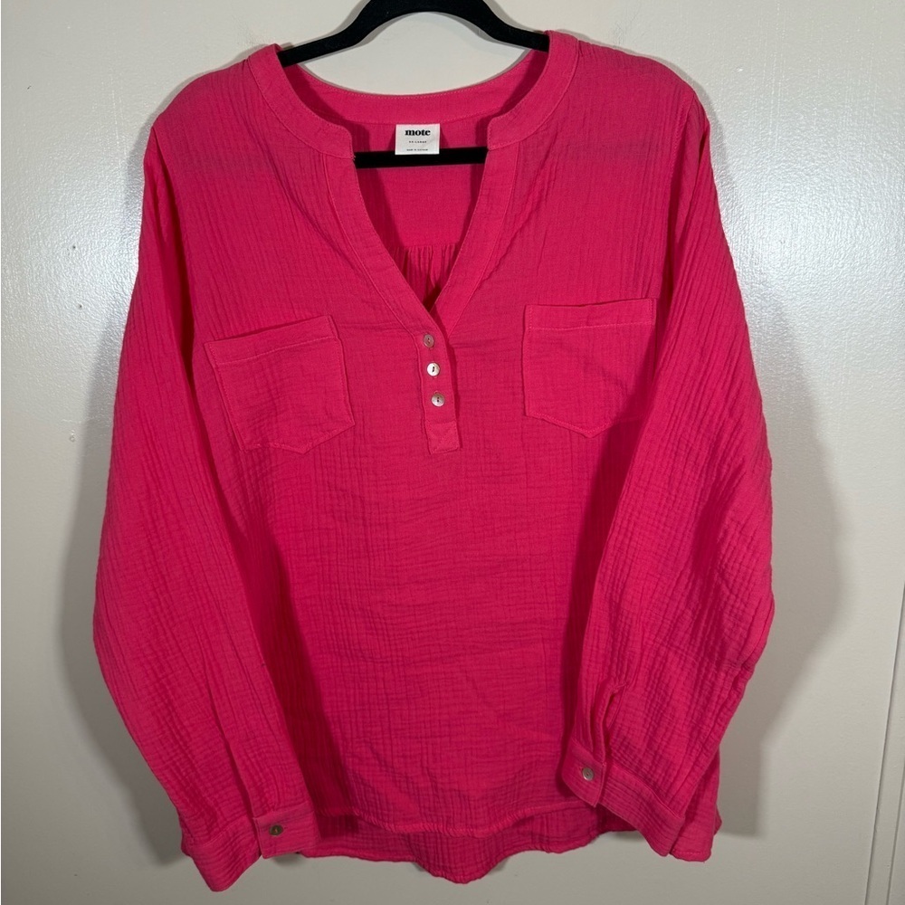 Mote Light-spun Cotton V-neck Blouse Pink size XXL